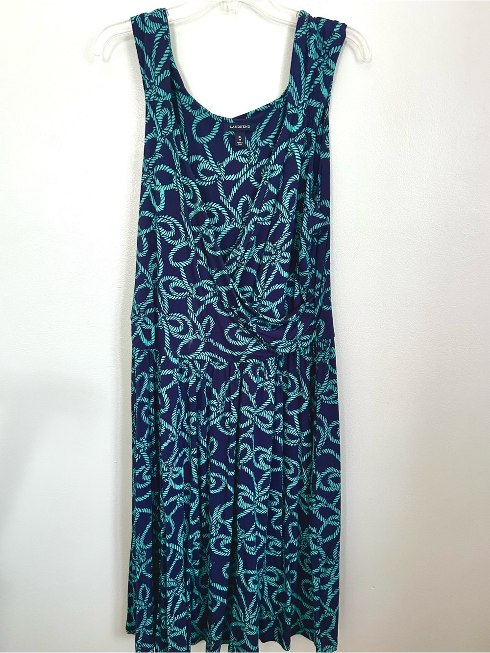 Lands' End Navy and Teal Midi Dress with Teal Rope Print Faux Wrap Stretchy